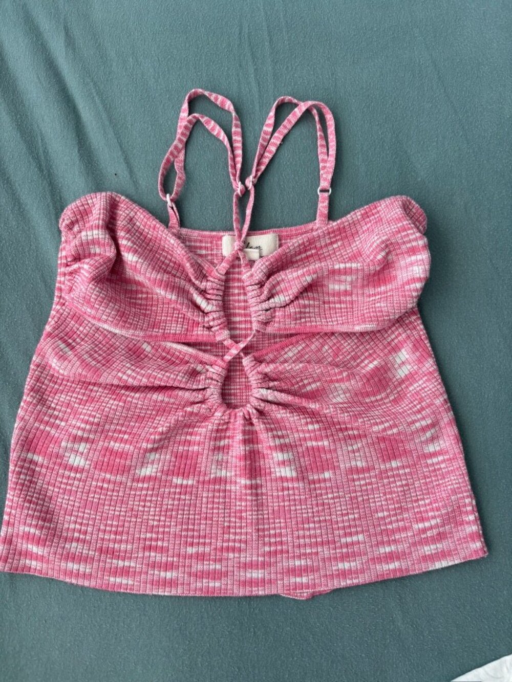ELAN Pink Space Dye Rib Knit Cutout Cami Tank Top Keyhole Ruched S Y2K Coquette